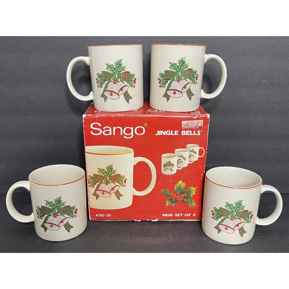 4 Sango Jingle Bells Coffee Mugs Christmas Holiday 3 3/4" Tall in Box